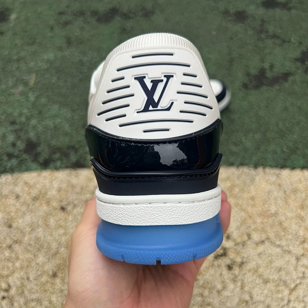 Louis Vuitton LV Trainer Sneakers White Navy Blue Monogram Embossed Transparent Blue Sole Luxury Designer Shoes Men Women Fashion Footwear