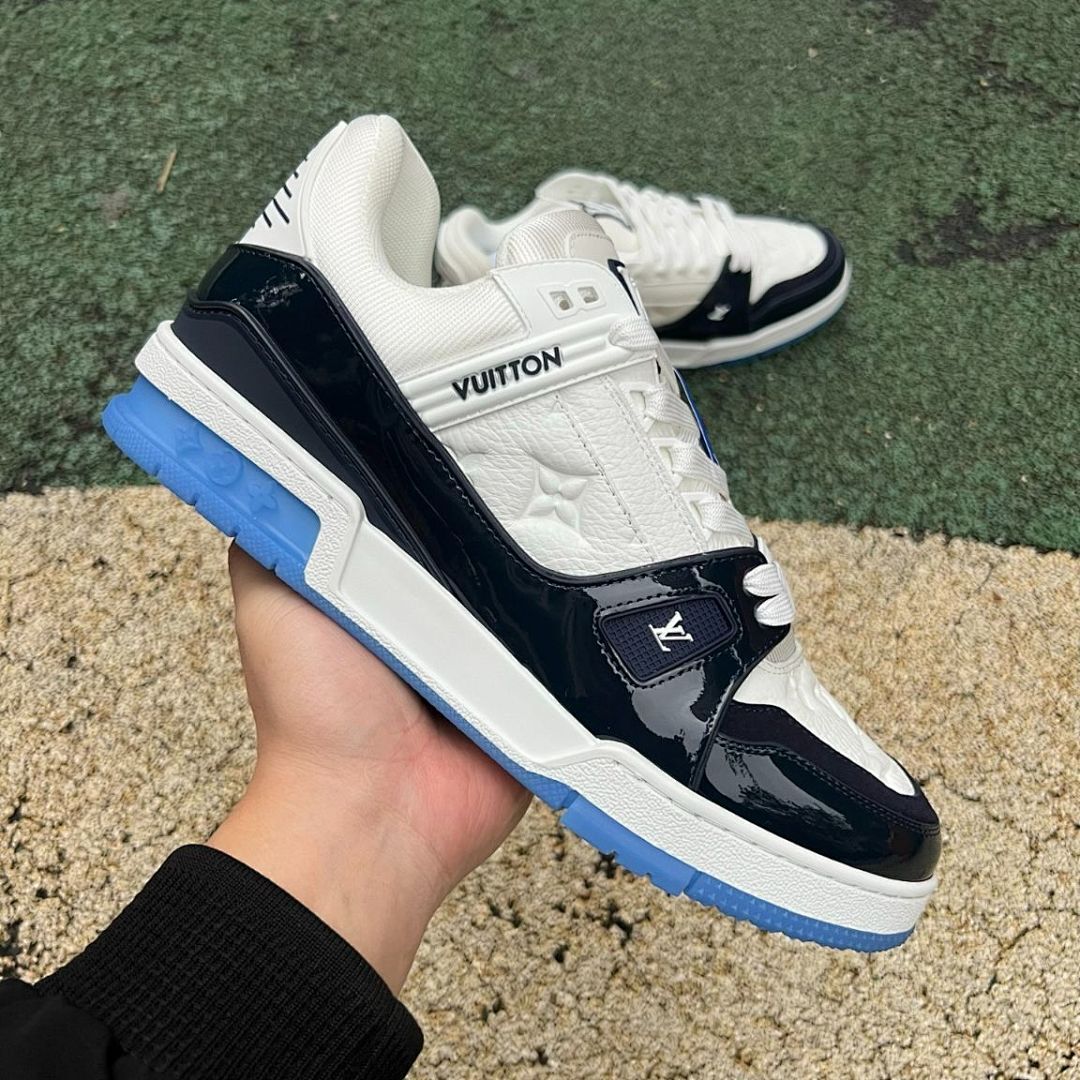 Louis Vuitton LV Trainer Sneakers White Navy Blue Monogram Embossed Transparent Blue Sole Luxury Designer Shoes Men Women Fashion Footwear