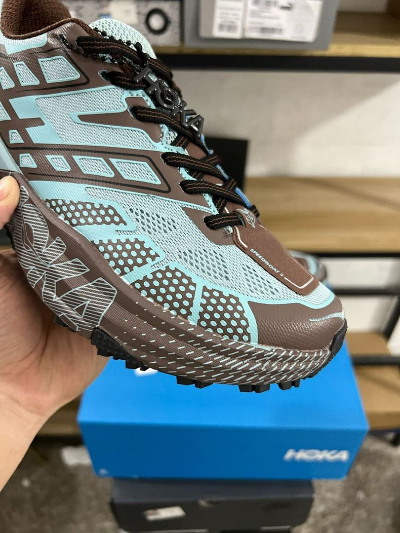 Hoka Speedgoat 5 Men's Trail Running Shoes - Mink / Blue Haze (1123126) - Durable Off-Road Hiking Sneakers, Cushioned, Vibram Sole