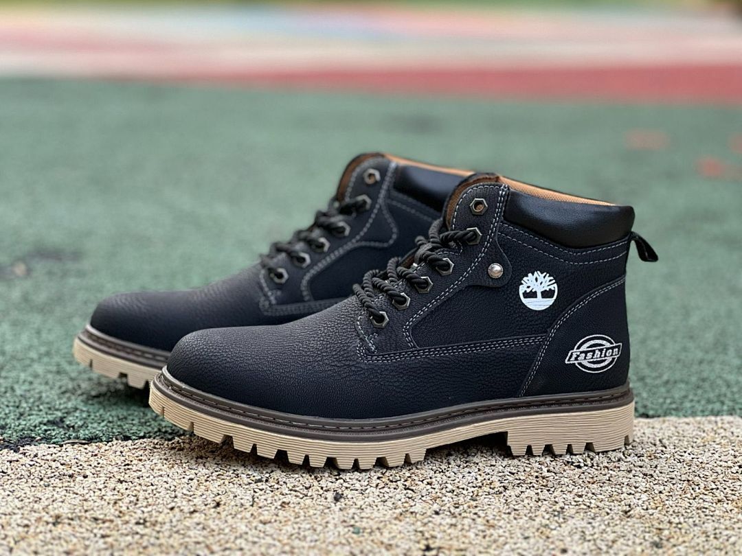 Men's Black Rugged Fashion Ankle Boots Lace-Up Outdoor Style Tan Sole FBK001