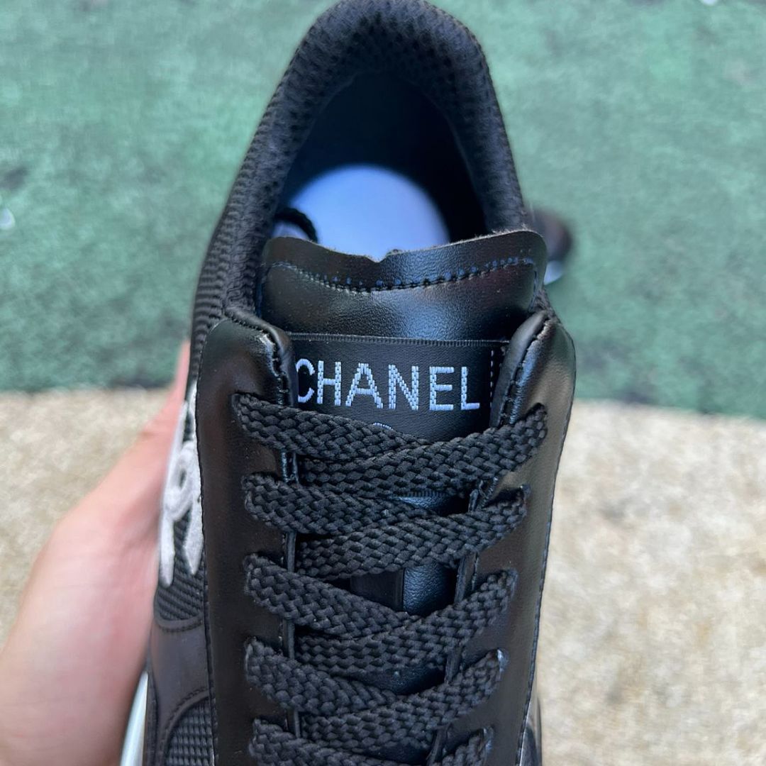 Chanel Black Platform Trainers Women's Chunky Heel Sneakers Leather Mesh G37136
