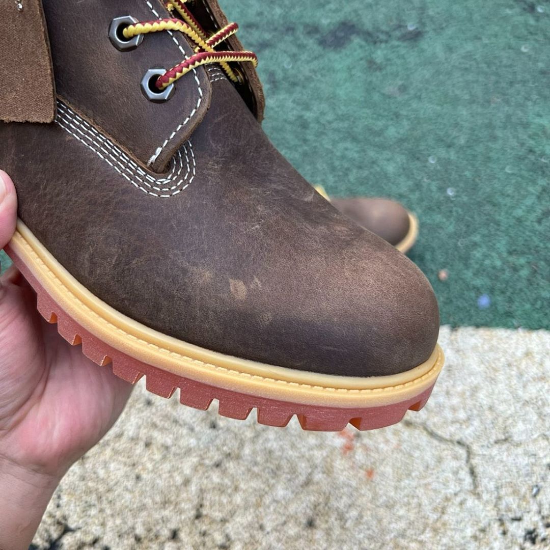 Timberland Men's 6-Inch Premium Waterproof Boots Dark Brown Nubuck Red Lug Sole A10001