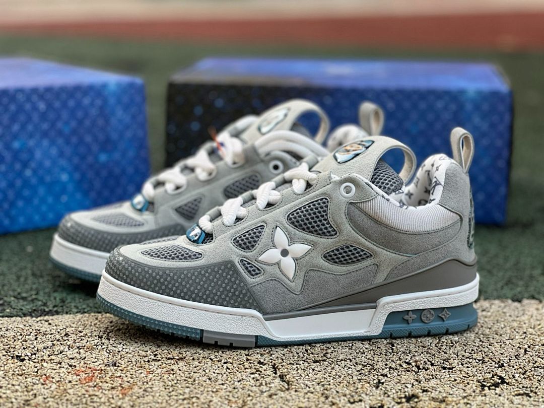 Louis Vuitton LV Trainer Sneaker Grey White Blue Monogram Flower Luxury Designer Shoes Men's Streetwear