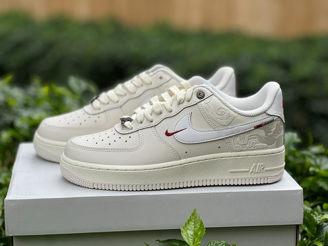 Nike Air Force 1 Low Year of the Dragon 2024 FD0746-100 Sail White Cream Embossed Dragon Pattern Lunar New Year Red Mini Swoosh Sneakers
