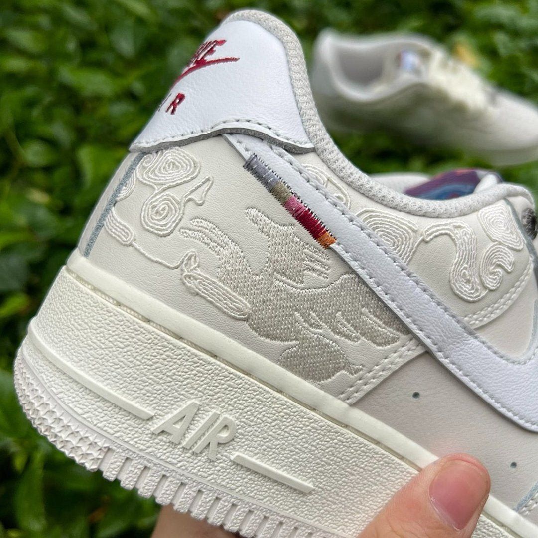 Nike Air Force 1 Low Year of the Dragon 2024 FD0746-100 Sail White Cream Embossed Dragon Pattern Lunar New Year Red Mini Swoosh Sneakers