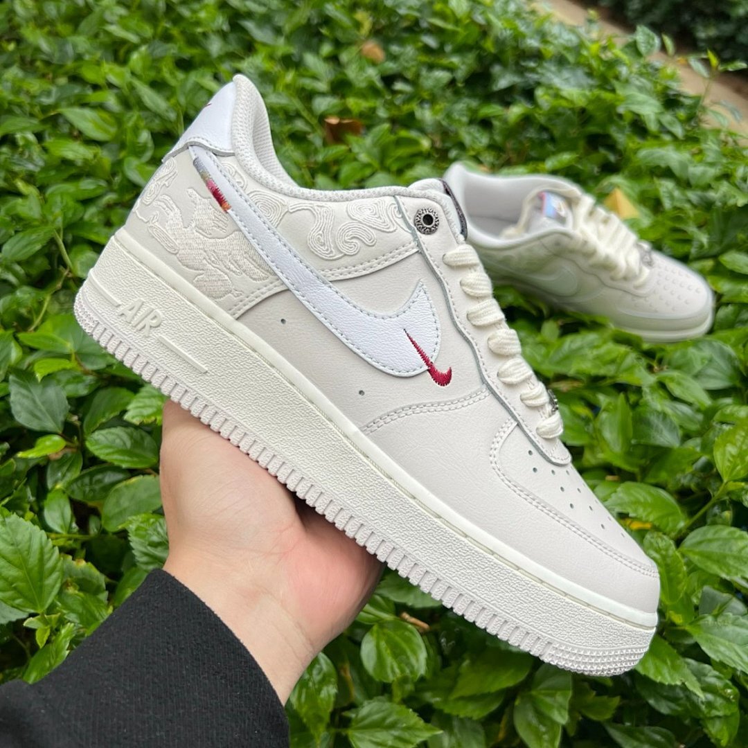 Nike Air Force 1 Low Year of the Dragon 2024 FD0746-100 Sail White Cream Embossed Dragon Pattern Lunar New Year Red Mini Swoosh Sneakers