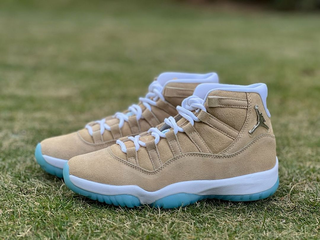 Nike Air Jordan 11 Retro Premium Heiress "Wheat" Women's Sneakers - Tan Suede, Metallic Gold Jumpman, Icy Blue Outsole (852625-700)