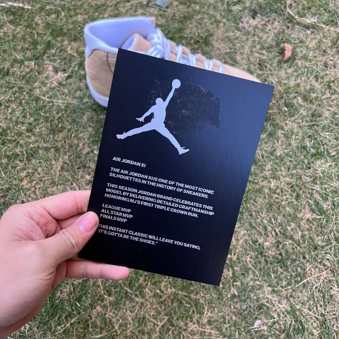 Nike Air Jordan 11 Retro Premium Heiress "Wheat" Women's Sneakers - Tan Suede, Metallic Gold Jumpman, Icy Blue Outsole (852625-700)