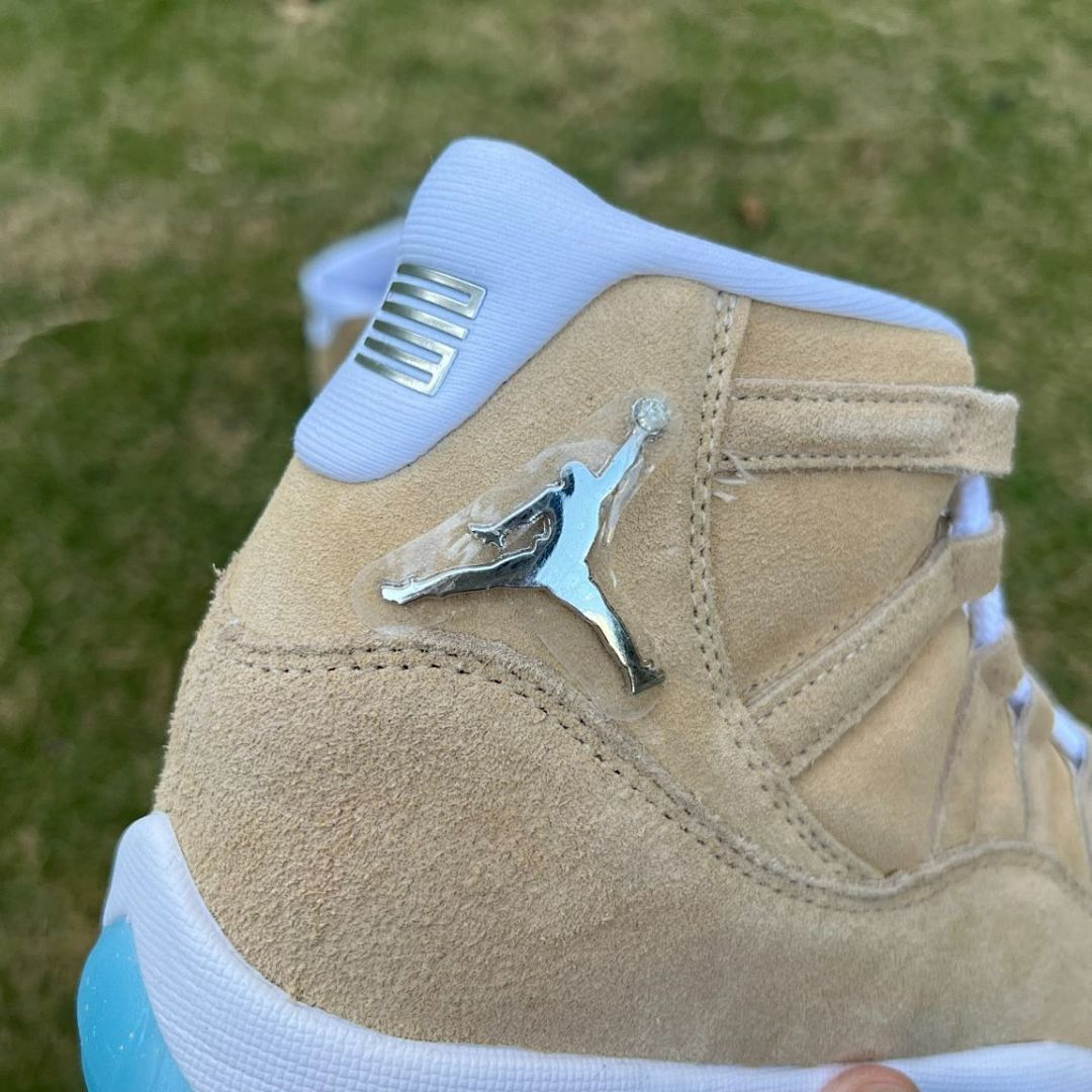 Nike Air Jordan 11 Retro Premium Heiress "Wheat" Women's Sneakers - Tan Suede, Metallic Gold Jumpman, Icy Blue Outsole (852625-700)