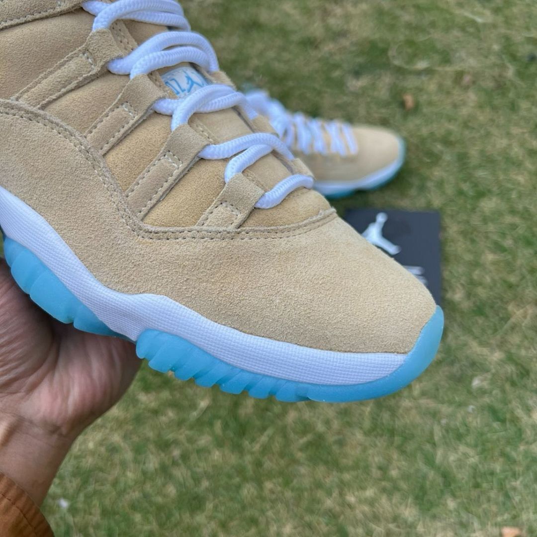 Nike Air Jordan 11 Retro Premium Heiress "Wheat" Women's Sneakers - Tan Suede, Metallic Gold Jumpman, Icy Blue Outsole (852625-700)
