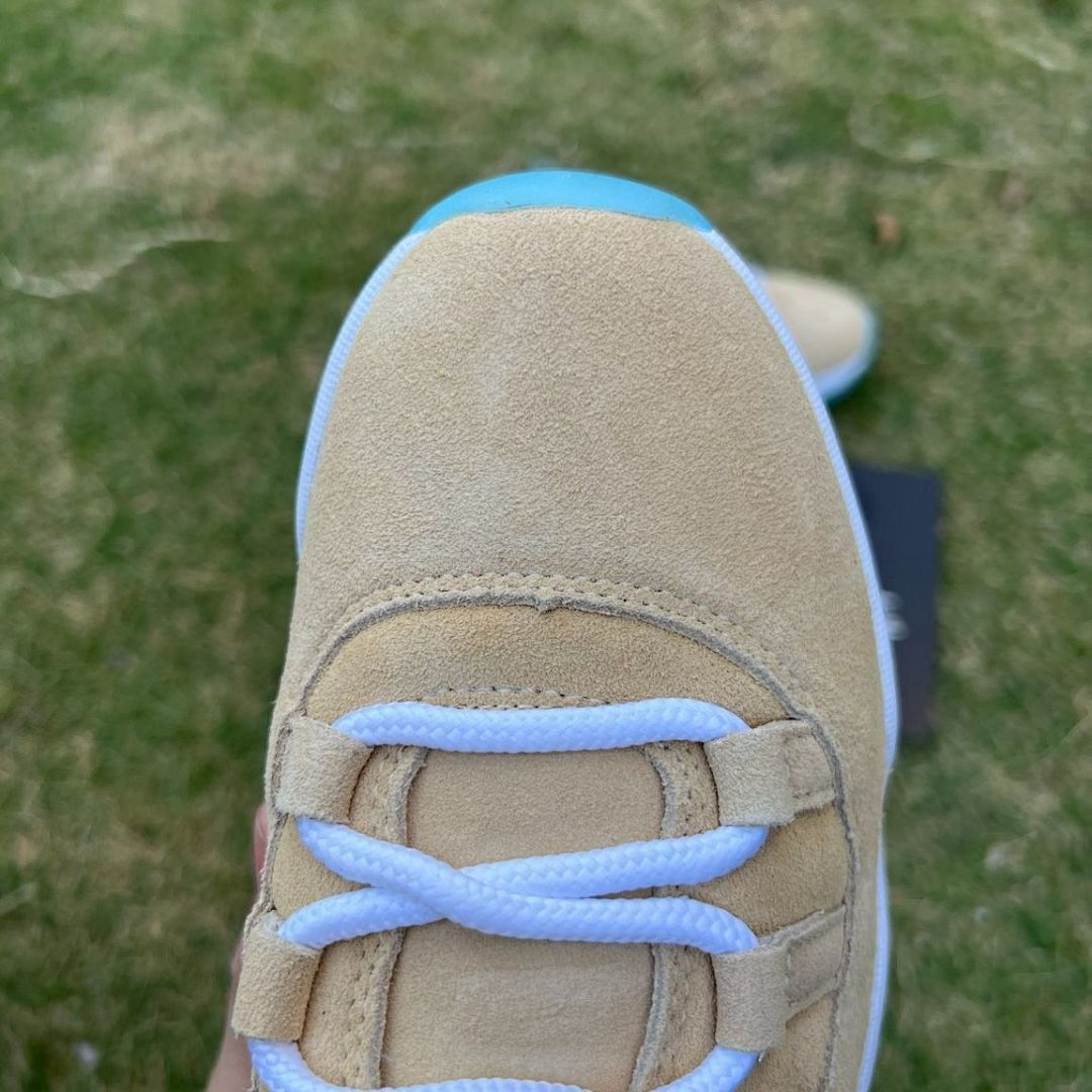 Nike Air Jordan 11 Retro Premium Heiress "Wheat" Women's Sneakers - Tan Suede, Metallic Gold Jumpman, Icy Blue Outsole (852625-700)