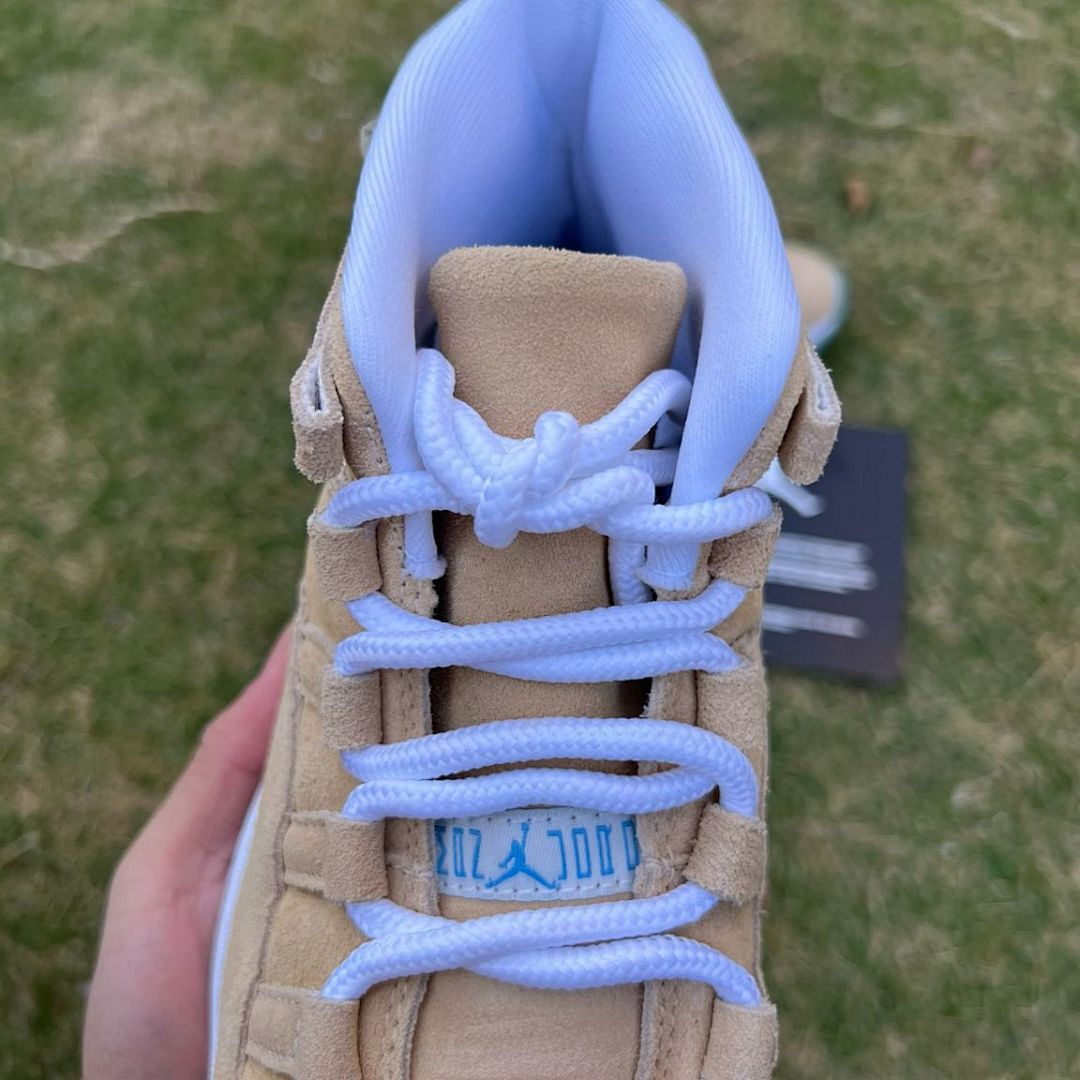 Nike Air Jordan 11 Retro Premium Heiress "Wheat" Women's Sneakers - Tan Suede, Metallic Gold Jumpman, Icy Blue Outsole (852625-700)