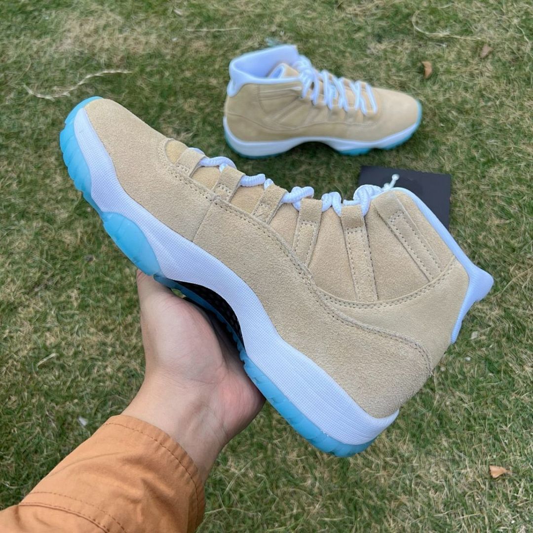 Nike Air Jordan 11 Retro Premium Heiress "Wheat" Women's Sneakers - Tan Suede, Metallic Gold Jumpman, Icy Blue Outsole (852625-700)