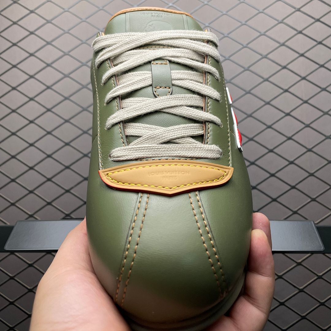 Louis Vuitton Men's LV Runner Khaki Green Leather Sneakers Red LV Logo