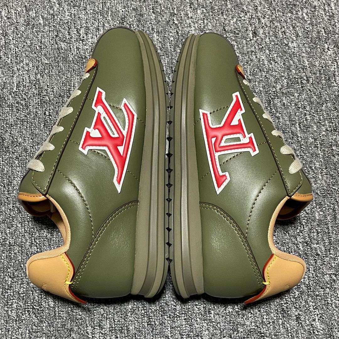 Louis Vuitton Men's LV Runner Khaki Green Leather Sneakers Red LV Logo