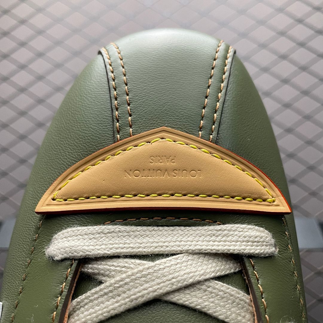 Louis Vuitton Men's LV Runner Khaki Green Leather Sneakers Red LV Logo