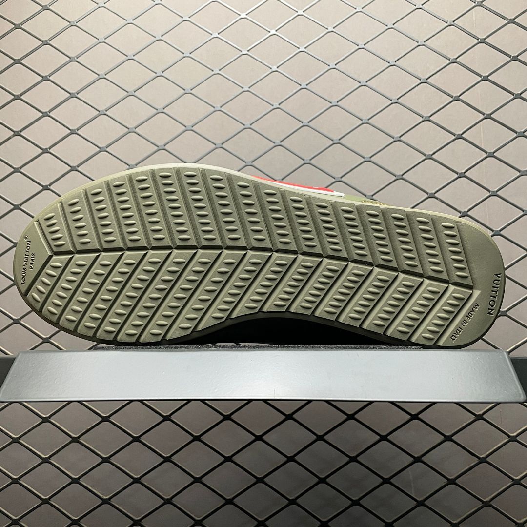 Louis Vuitton Men's LV Runner Khaki Green Leather Sneakers Red LV Logo