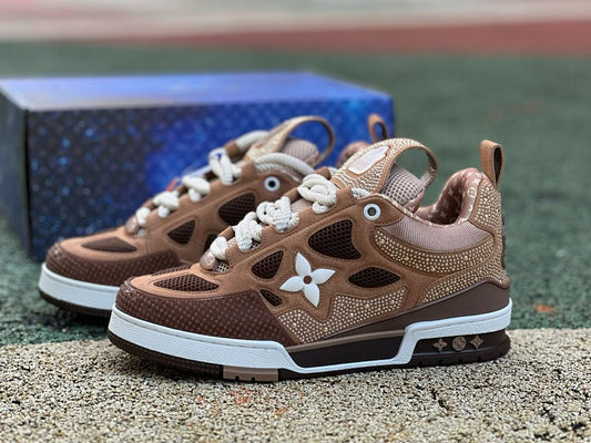 Louis Vuitton LV Trainer Crystal Strass Studded Brown Suede Sneakers 1A9Z62