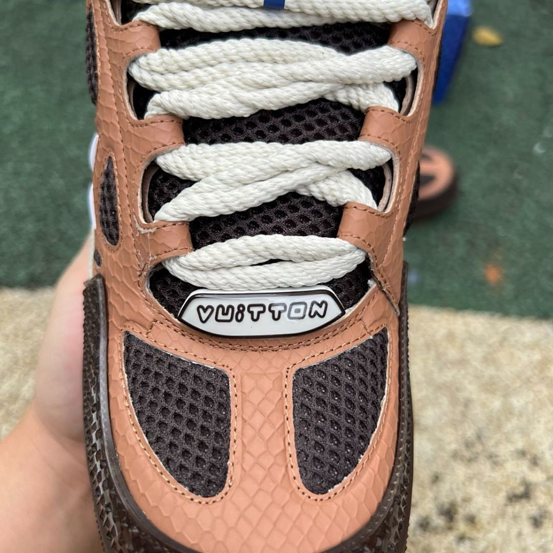 Louis Vuitton LV Trainer Sneaker Men's Brown Python-Effect Leather & Mesh Low Top Luxury Shoes