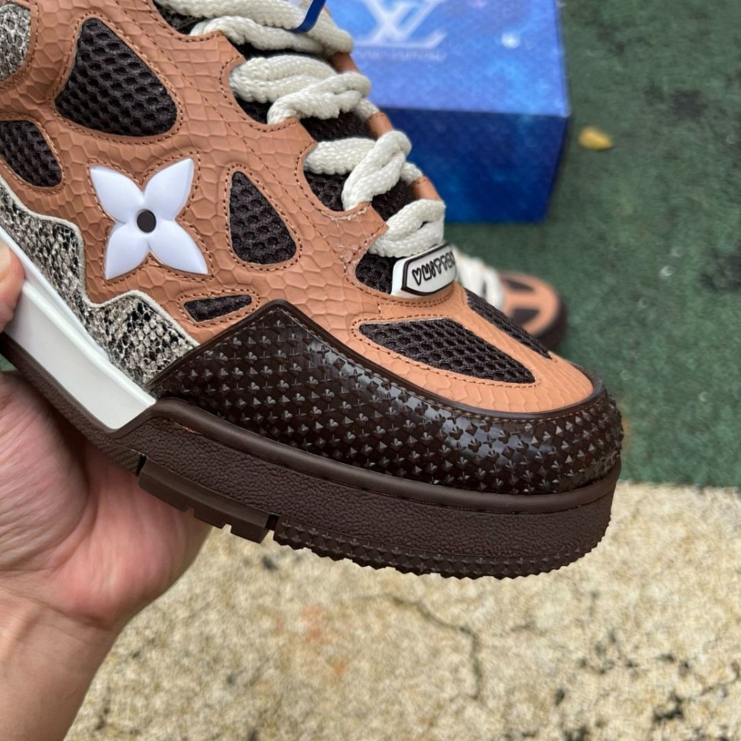 Louis Vuitton LV Trainer Sneaker Men's Brown Python-Effect Leather & Mesh Low Top Luxury Shoes