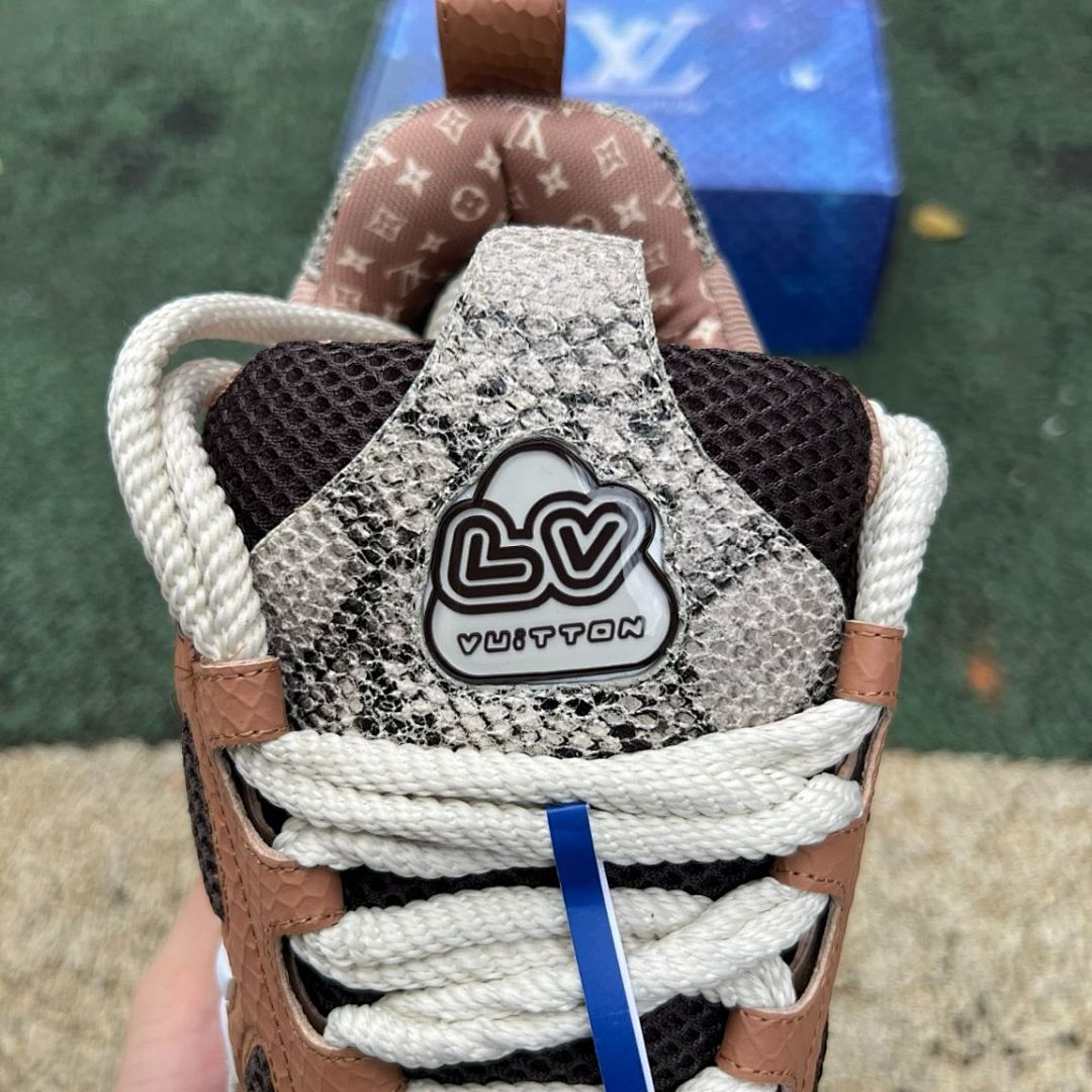 Louis Vuitton LV Trainer Sneaker Men's Brown Python-Effect Leather & Mesh Low Top Luxury Shoes