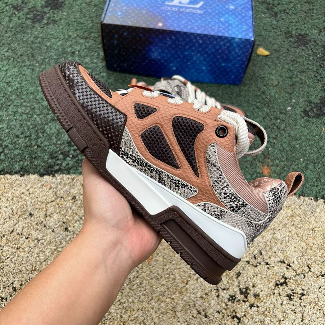 Louis Vuitton LV Trainer Sneaker Men's Brown Python-Effect Leather & Mesh Low Top Luxury Shoes