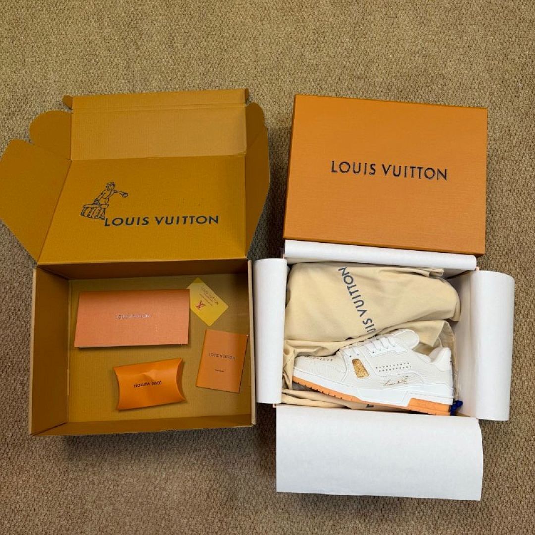 Louis Vuitton LV Trainer Sneaker White Gold Orange Sole Luxury Men's Shoes, Louis Vuitton LV Trainer Sneaker White Gold 1A9Z6M