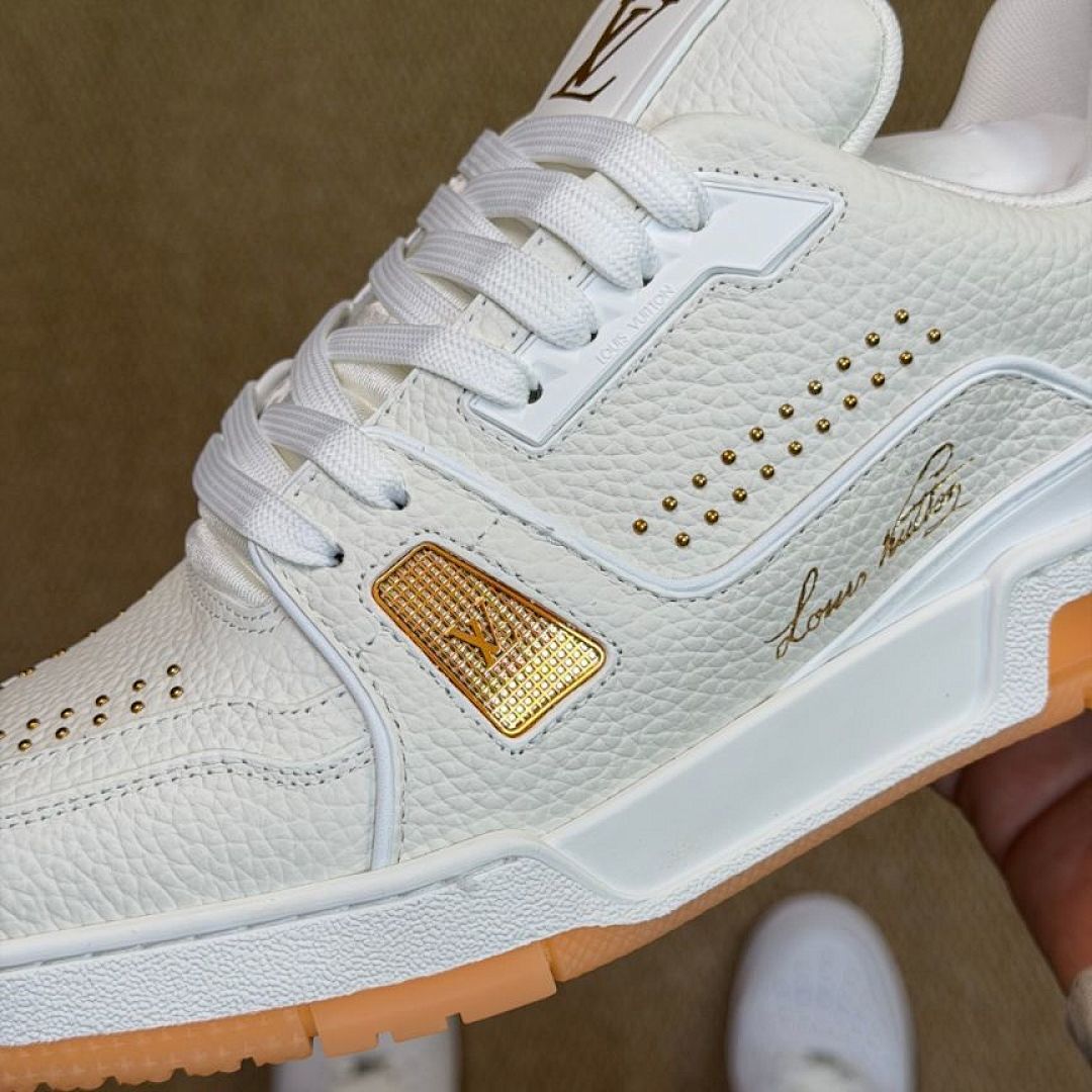 Louis Vuitton LV Trainer Sneaker White Gold Orange Sole Luxury Men's Shoes, Louis Vuitton LV Trainer Sneaker White Gold 1A9Z6M