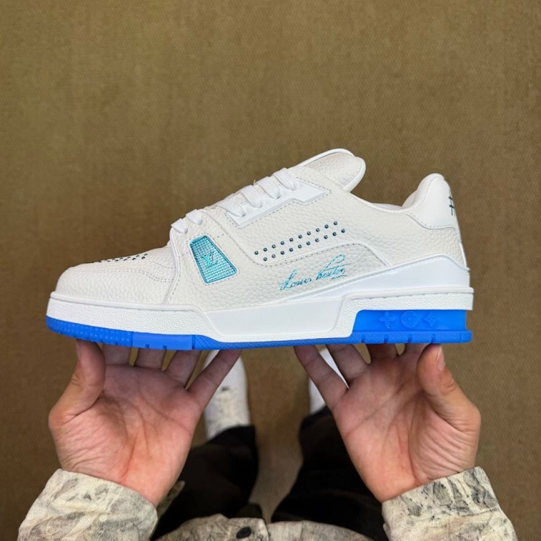 Louis Vuitton LV Trainer Sneaker 1A9FHW White Blue Men's Luxury Designer Shoes