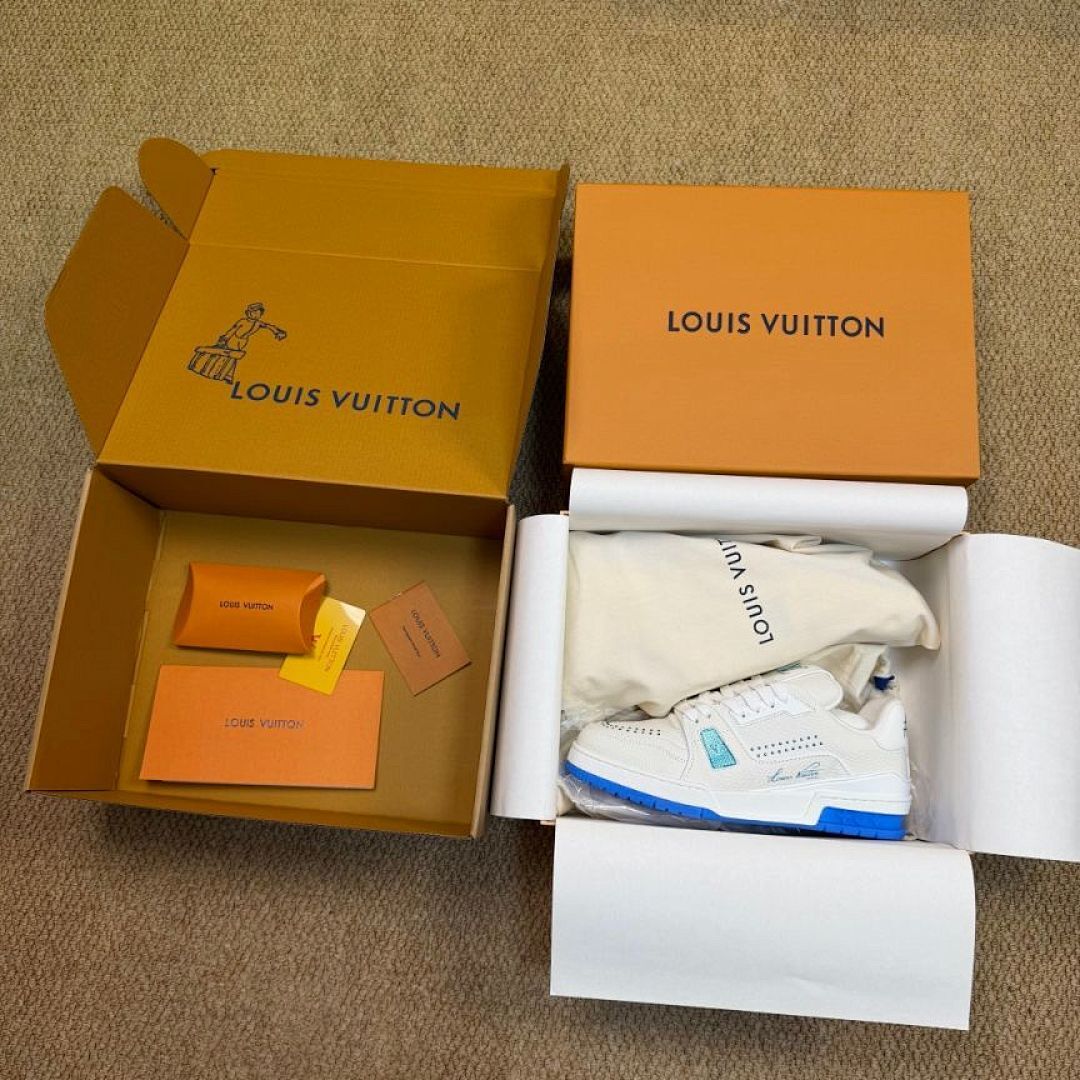 Louis Vuitton LV Trainer Sneaker 1A9FHW White Blue Men's Luxury Designer Shoes