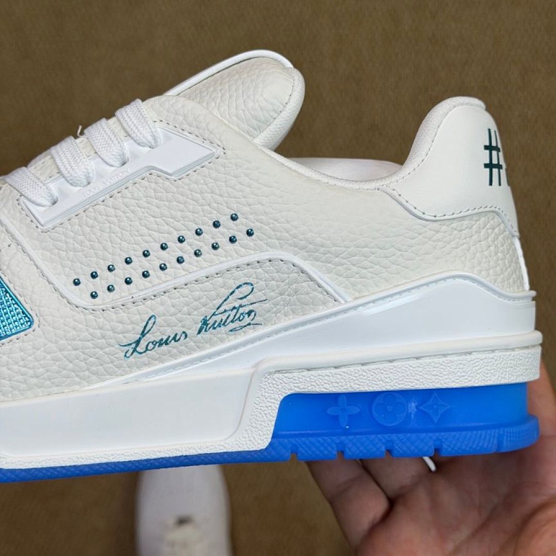 Louis Vuitton LV Trainer Sneaker 1A9FHW White Blue Men's Luxury Designer Shoes