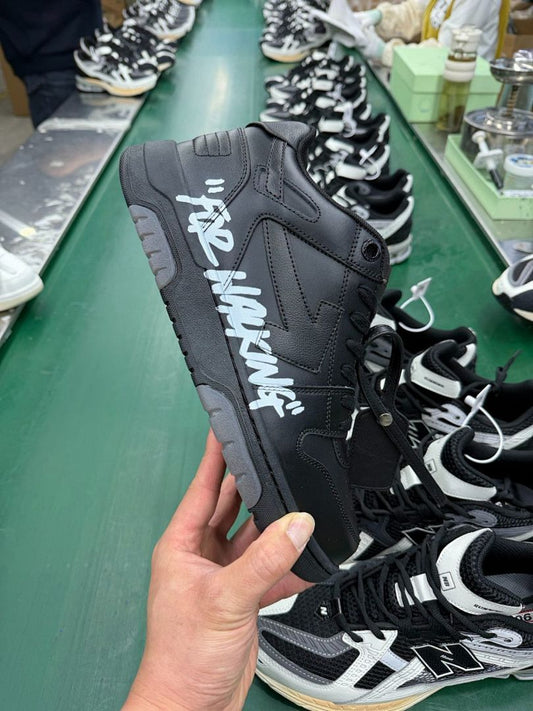 Off-White "FOR WALKING" Black Leather Sneakers, Streetwear Casual Fashion Shoes, Men's Women's Designer Footwear