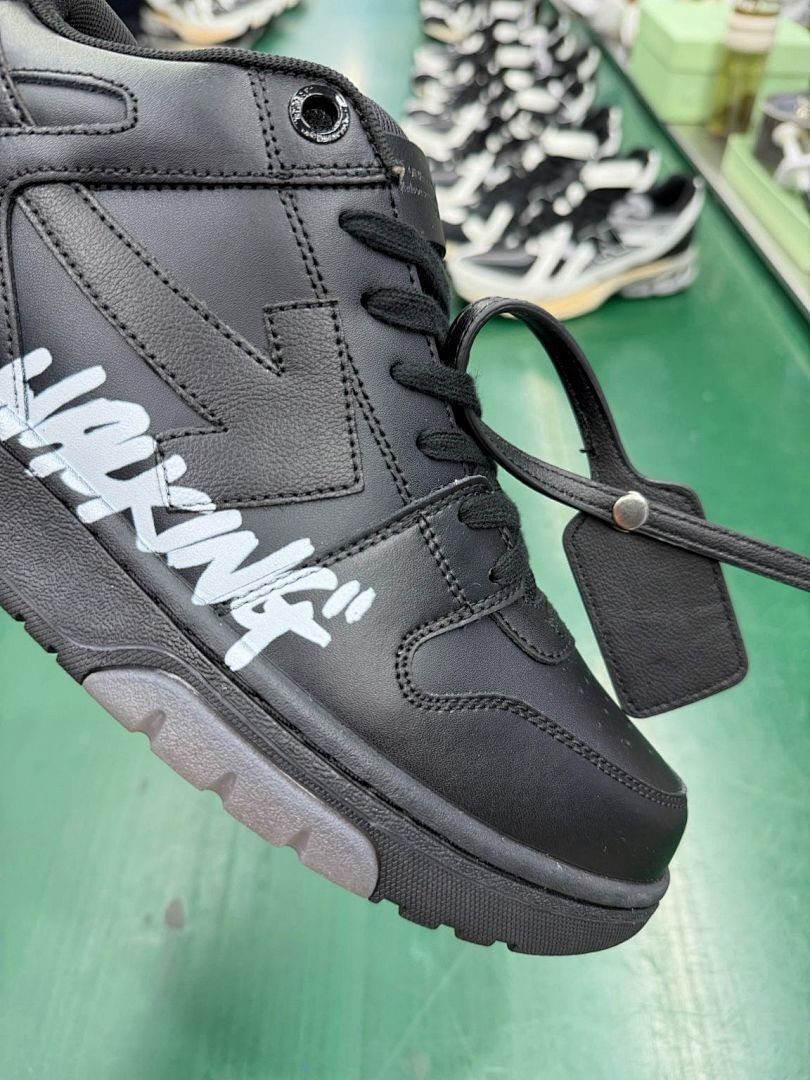 Off-White "FOR WALKING" Black Leather Sneakers, Streetwear Casual Fashion Shoes, Men's Women's Designer Footwear