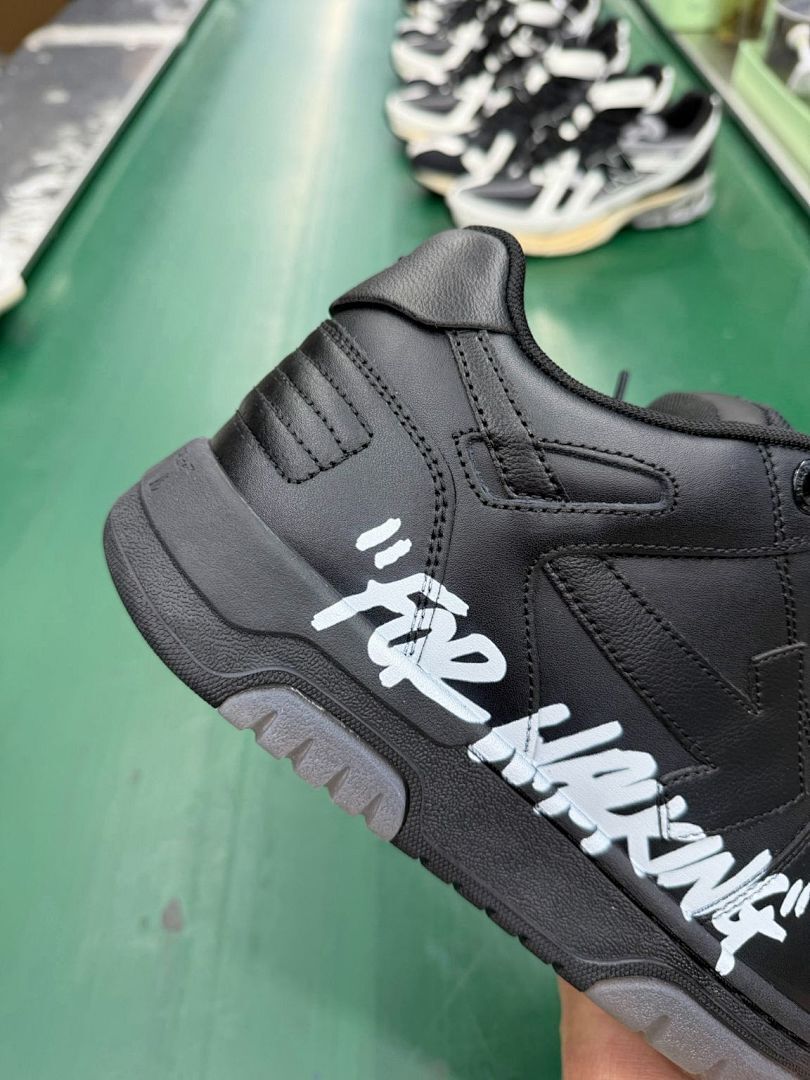 Off-White "FOR WALKING" Black Leather Sneakers, Streetwear Casual Fashion Shoes, Men's Women's Designer Footwear