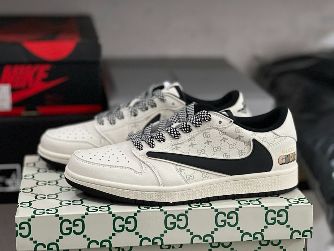 Travis Scott Inspired Air Jordan 1 Low Custom White Gucci Ghost Bee Print Sneakers