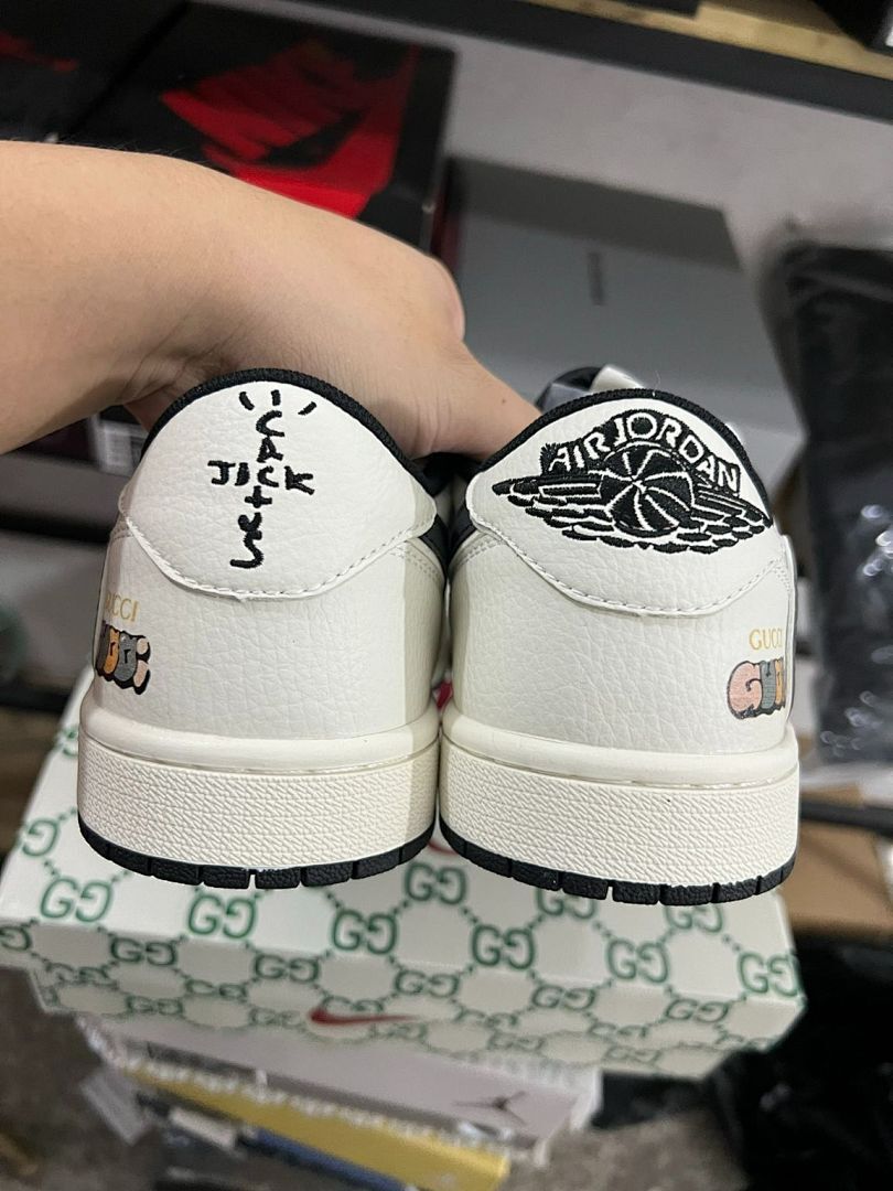 Travis Scott Inspired Air Jordan 1 Low Custom White Gucci Ghost Bee Print Sneakers