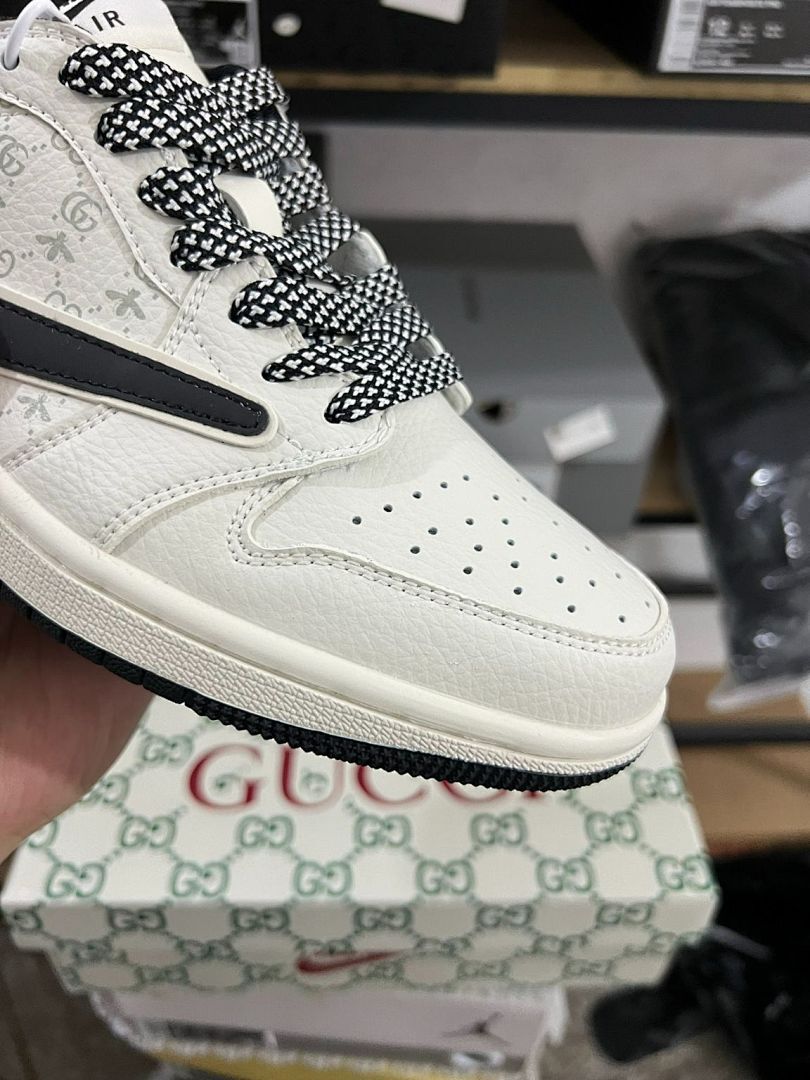Travis Scott Inspired Air Jordan 1 Low Custom White Gucci Ghost Bee Print Sneakers