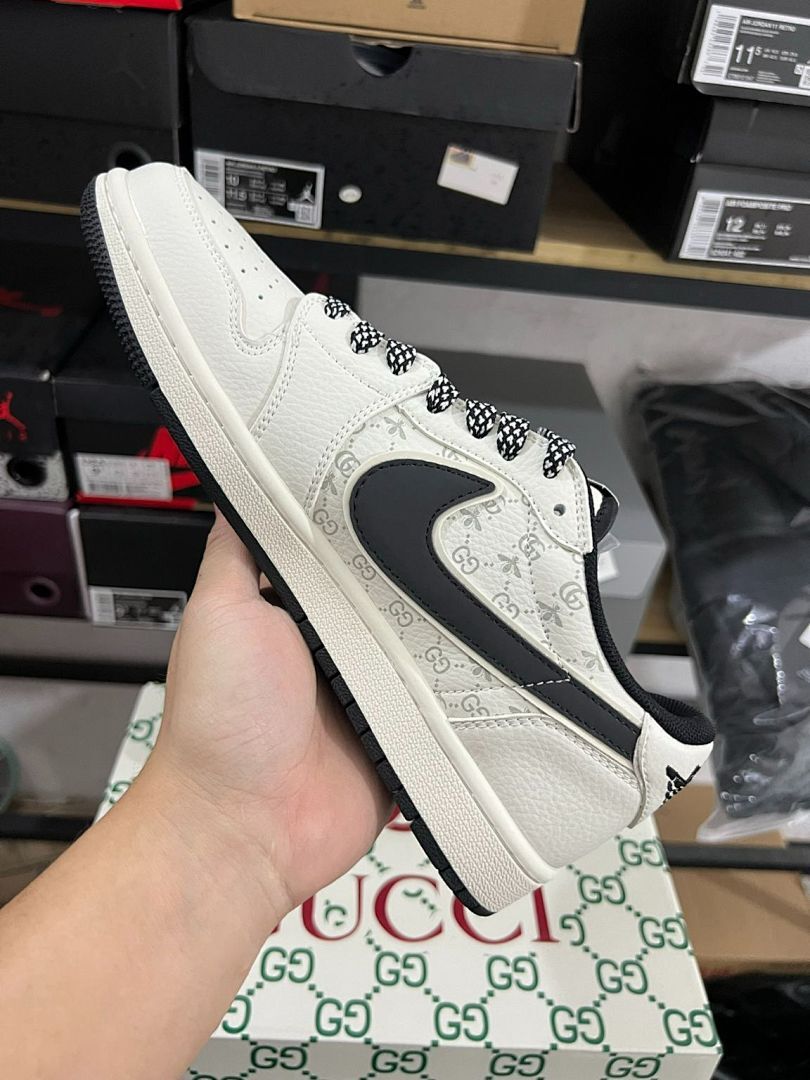 Travis Scott Inspired Air Jordan 1 Low Custom White Gucci Ghost Bee Print Sneakers