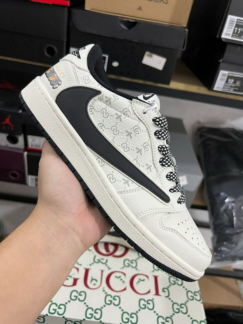 Travis Scott Inspired Air Jordan 1 Low Custom White Gucci Ghost Bee Print Sneakers