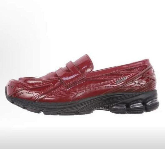 Men's Red Patent Leather Penny Loafer Sneakers Chunky Black Athletic Sole Hybrid ISGR Detail