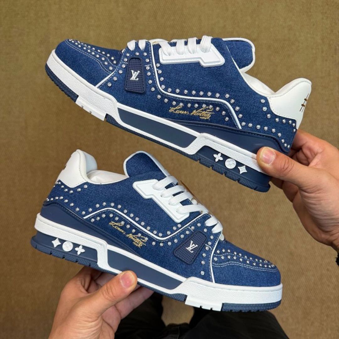 Louis Vuitton LV Trainer Studded Denim Blue Men's Sneaker 1A9Z78