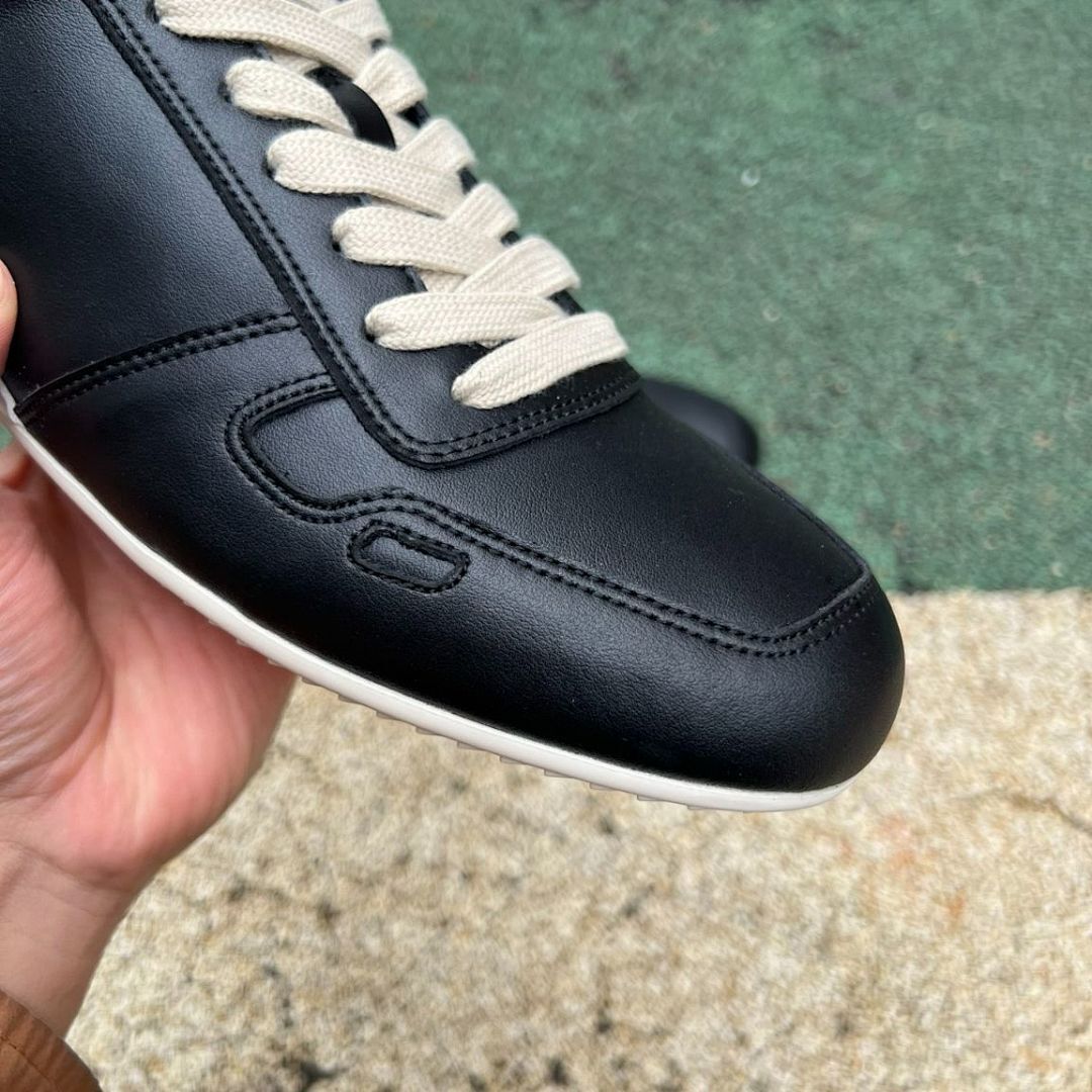 Men's Black Leather Low Top Sneakers with Cream Side Stripe & Heel Tab - Off-White Laces & Sole Casual Fashion Trainers