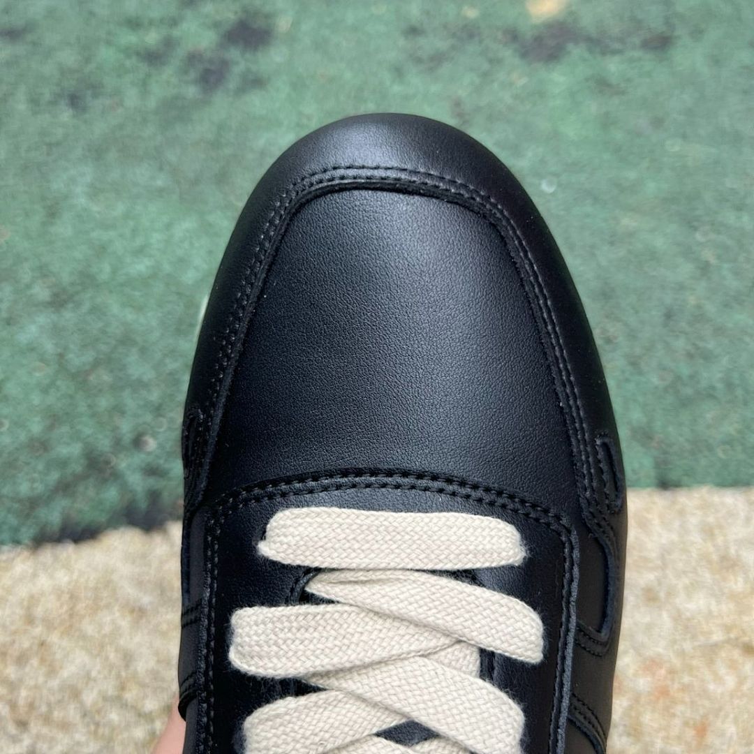 Men's Black Leather Low Top Sneakers with Cream Side Stripe & Heel Tab - Off-White Laces & Sole Casual Fashion Trainers