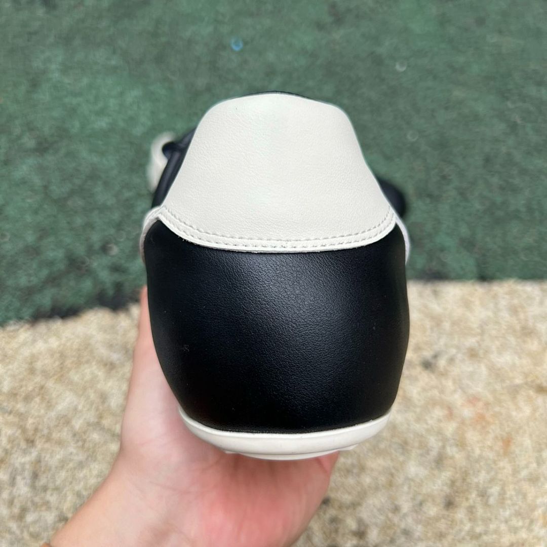 Men's Black Leather Low Top Sneakers with Cream Side Stripe & Heel Tab - Off-White Laces & Sole Casual Fashion Trainers