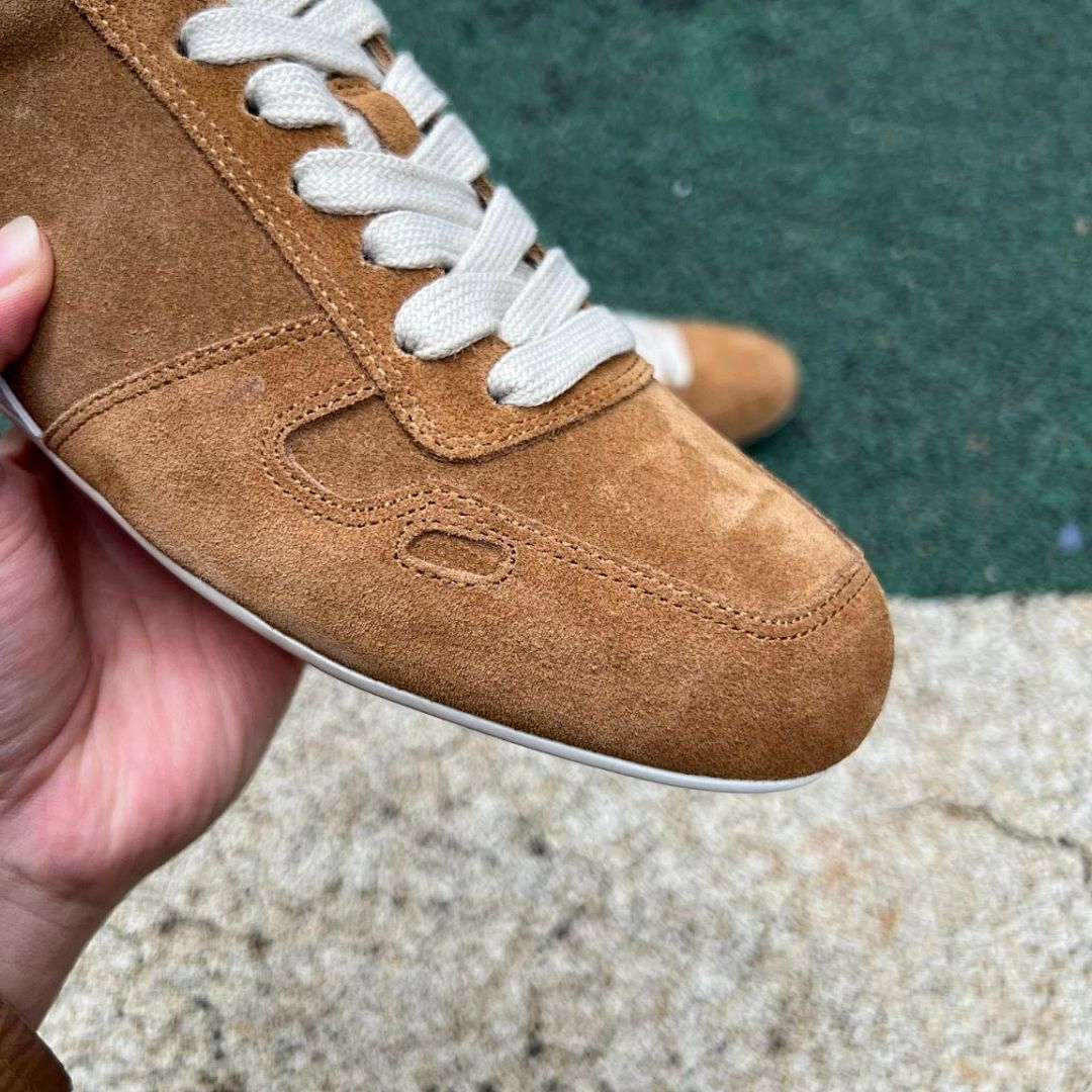 Loro Piana Men's Kummel Suede Laced Walk Sneakers Cream Stripe