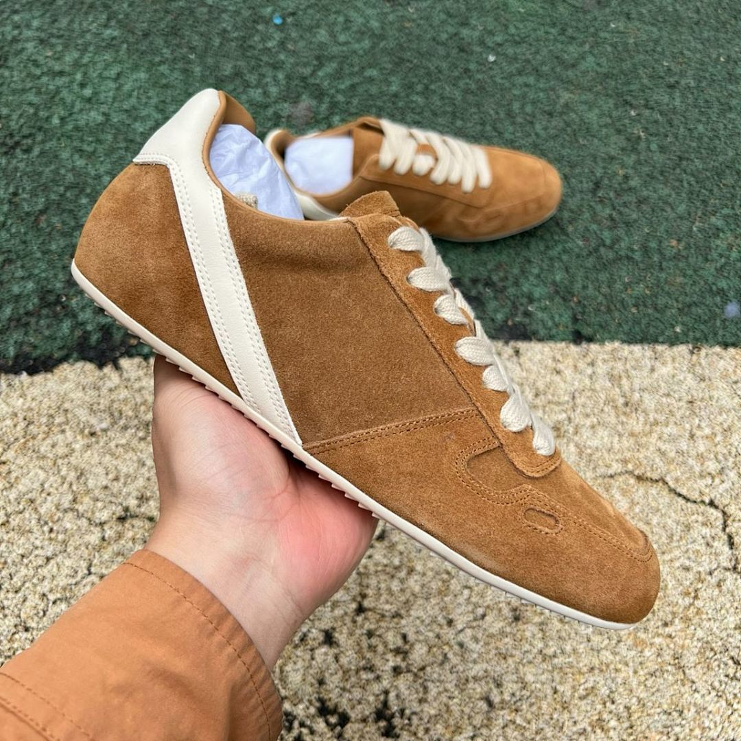 Loro Piana Men's Kummel Suede Laced Walk Sneakers Cream Stripe