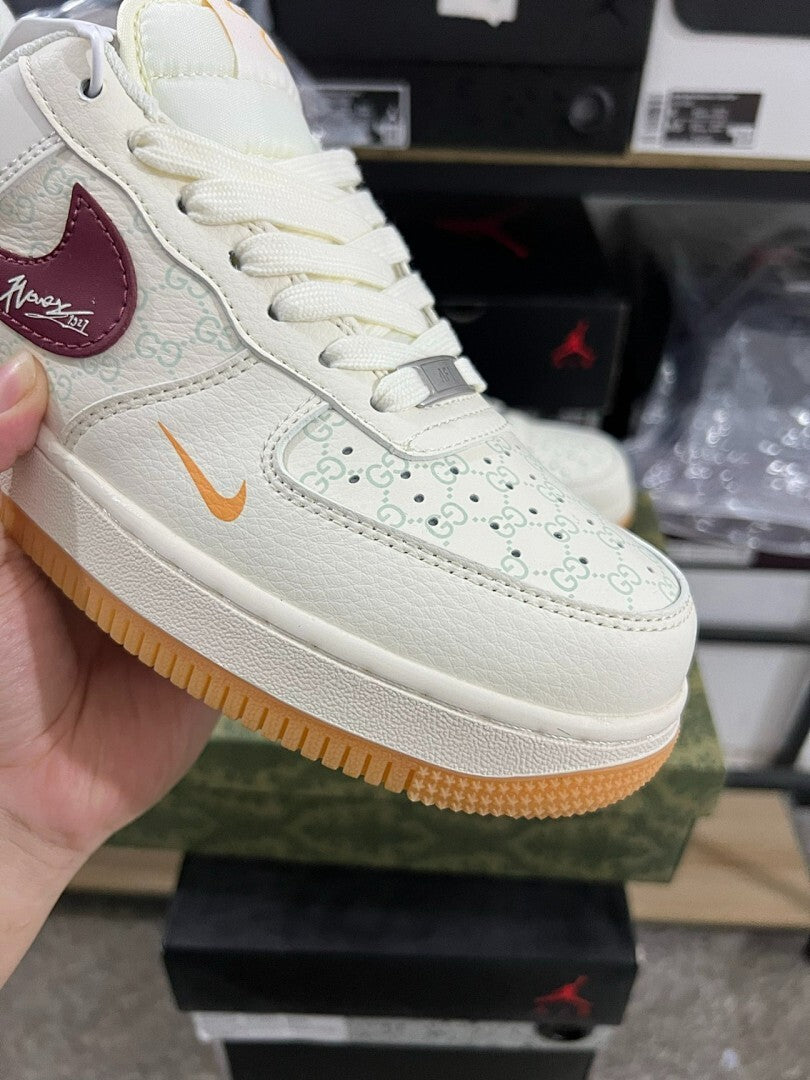 Nike Air Force 1 Low Custom Cream Gucci GG Monogram Inspired Burgundy Green Gum Sole Sneakers