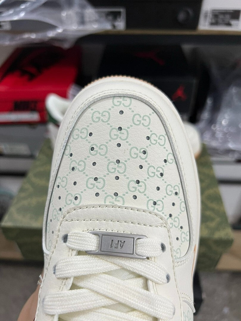 Nike Air Force 1 Low Custom Cream Gucci GG Monogram Inspired Burgundy Green Gum Sole Sneakers