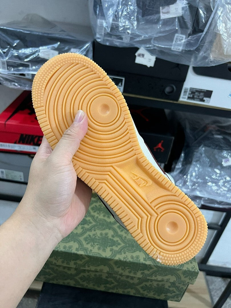 Nike Air Force 1 Low Custom Cream Gucci GG Monogram Inspired Burgundy Green Gum Sole Sneakers