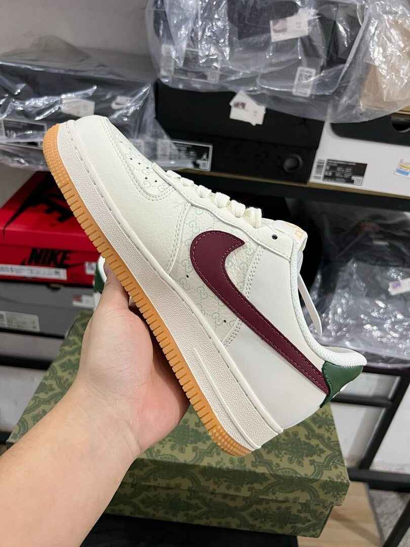 Nike Air Force 1 Low Custom Cream Gucci GG Monogram Inspired Burgundy Green Gum Sole Sneakers